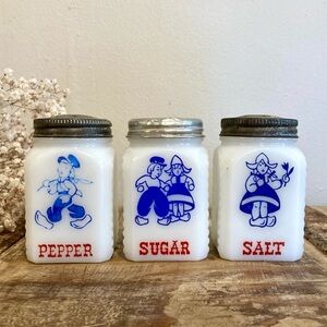 1940s Vintage Milk Glass Salt, Pepper, & Sugar Shakers Dutch Boy Girl Spice Jars